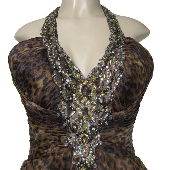 TONY BOWLS NWT 8 Leopard Halter Animal Print Jeweled Prom Fit & Flare Dress - Picture 2 of 13